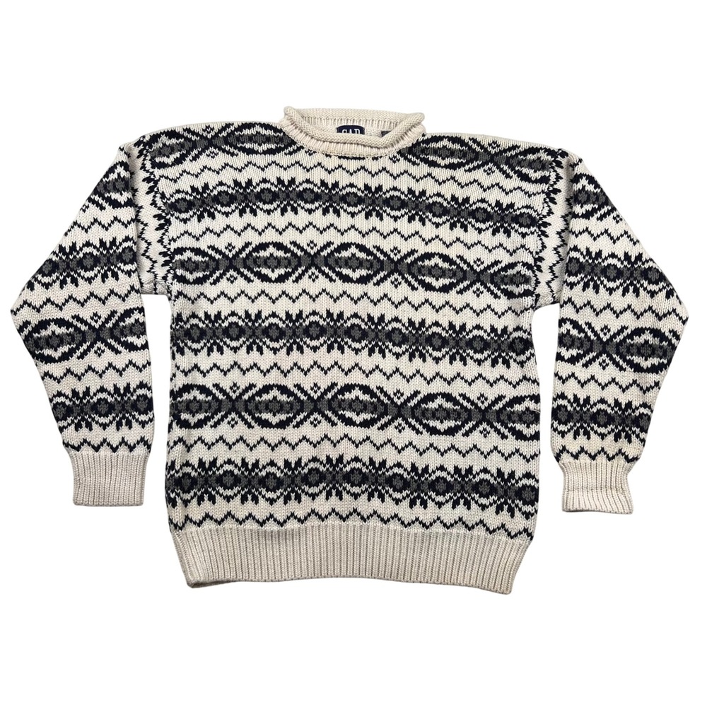 Vintage Gap Sweater Mens M Rolled Neck Fair Isle Cotton Knit Navy Blue Cream 90s